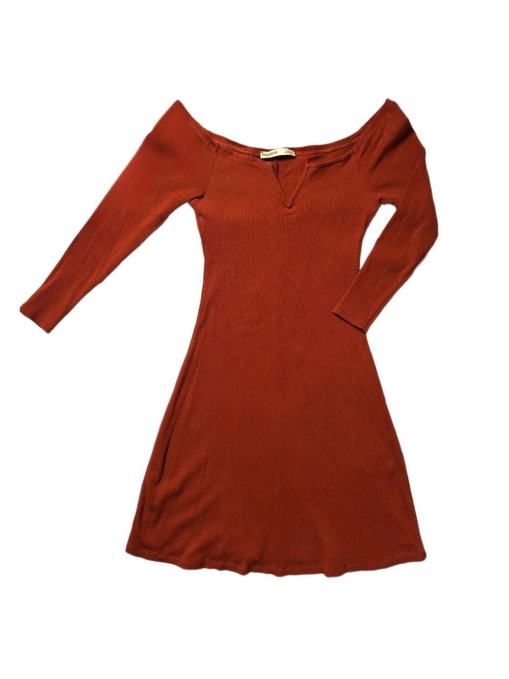 NWOT Pull & Bear 3/4 Sleeve Ribbed Knit Bodycon Mini Dress – Rust Orange, Size S